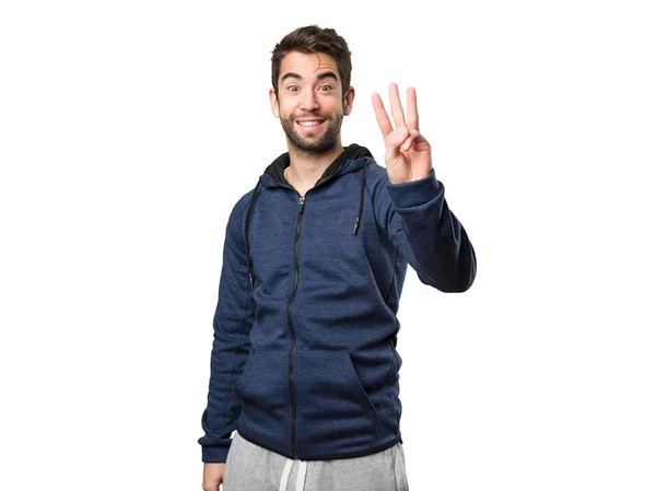 Νεαρός Άνδρας Κάνει Αριθμός Τρία Χειρονομία Που Απομονώνονται Λευκό Φόντο — Φωτογραφία Αρχείου