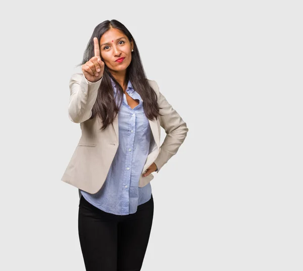 Young Business Indian Woman Showing Number One — Stock Photo, Image