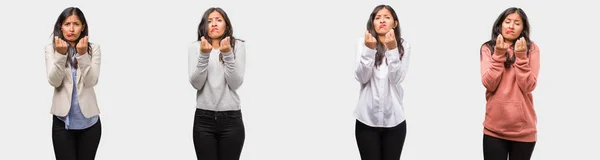 Groep Verzameling Van Indiase Jonge Vrouw Dragen Verschillende Kleren Triest — Stockfoto