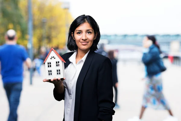 Latin Business Woman Holding House — Stock Photo, Image