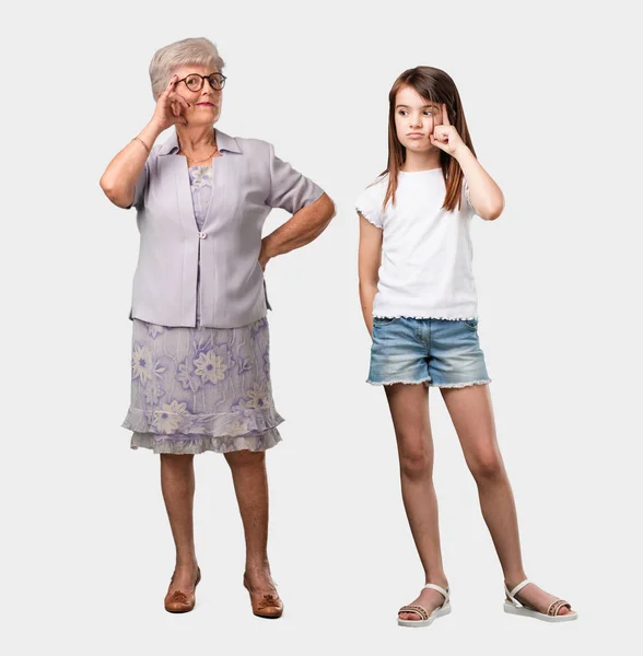 Full Body Elderly Lady Her Granddaughter Thinking Looking Confused Idea — Stock Photo, Image