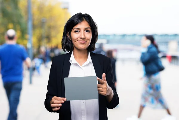Latin Business Woman Holding Banner — Stock Photo, Image