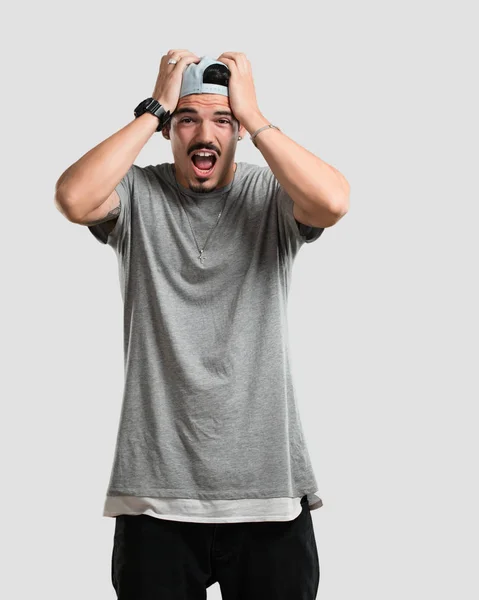 Young Rapper Man Frustrated Desperate Angry Sad Hands Head — Stock Photo, Image