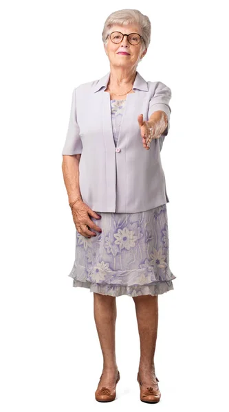 Full Body Senior Woman Reaching Out Greet Someone Gesturing Help — Stock Photo, Image