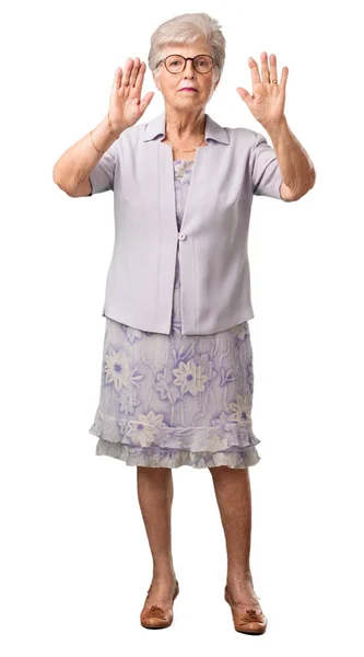 Full Body Senior Woman Serious Determined Putting Hand Front Stop — Stock Photo, Image