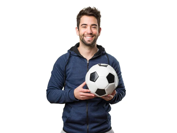Jovem Feliz Segurando Uma Bola Futebol Isolado Fundo Branco — Fotografia de Stock