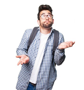 Beyaz arka plan üzerinde izole şüphe öğrenci adam