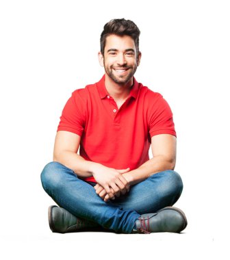 gülümseyen izole üzerinde beyaz arka plan oturan adam