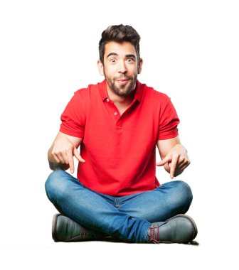 adam oturma aşağı beyaz arka plan üzerinde izole işaret