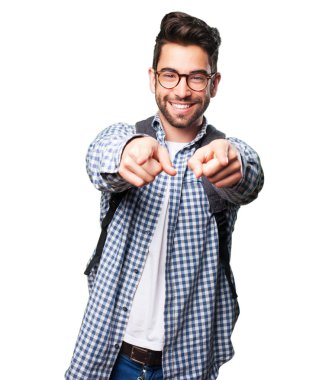 öğrenci adam işaret açık beyaz arka plan üzerinde izole