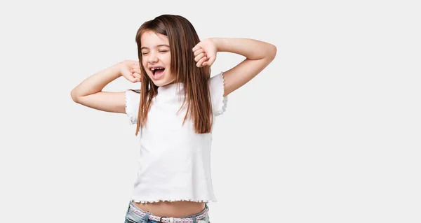 Full Body Little Girl Listening Music Dancing Having Fun Moving — Stock Photo, Image