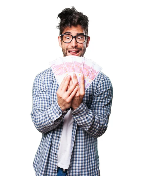 Happy Young Man Holding Bills Isolated White Background — Stock Photo, Image
