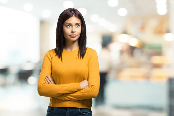 Young Pretty Woman Doubting Confused Thinking Idea Worried Something Cafeteria — Stock Photo, Image
