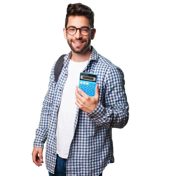 Student Man Holding Calculator Isolated White Background — Stock Photo, Image