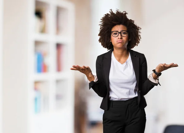 Business Black Woman Doubting Selective Focus — Stock Photo, Image