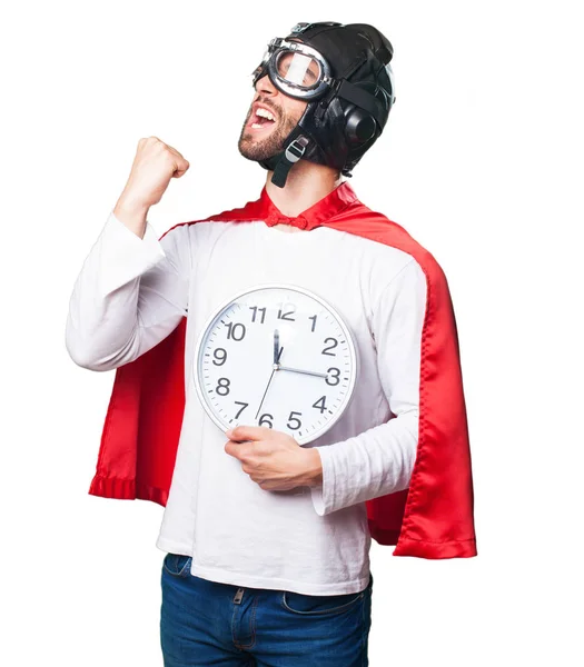 Супер Герой Держит Часы Изолированы Белом Фоне — стоковое фото