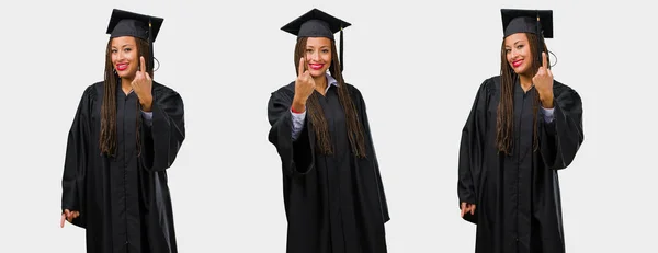 Conjunto Mujer Negra Joven Graduada Mostrando Número Uno — Foto de Stock