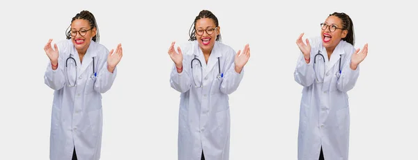 Set Young Black Female Doctor Laughing Having Fun Gray Background — Stock Photo, Image