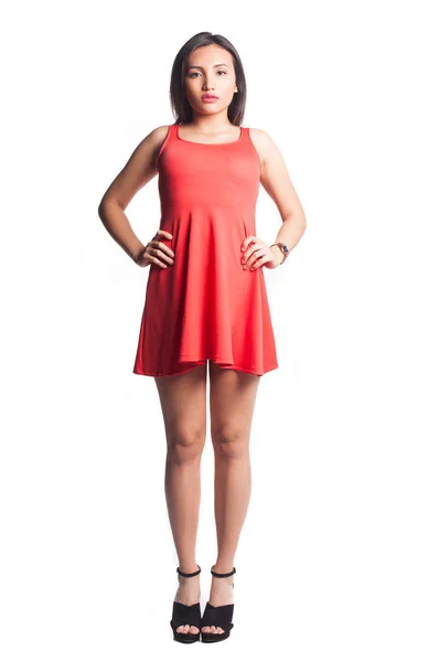 Pretty Woman Posing Wearing Red Dress — Stock Photo, Image