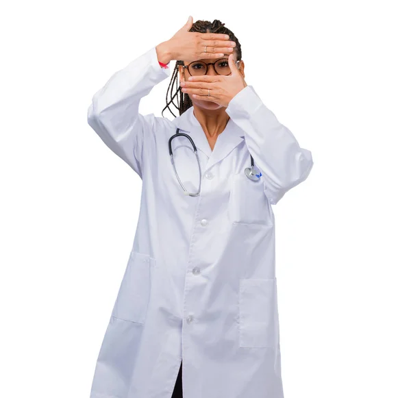 Portrait Young Black Doctor Woman Feels Worried Scared Looking Covering — Stock Photo, Image