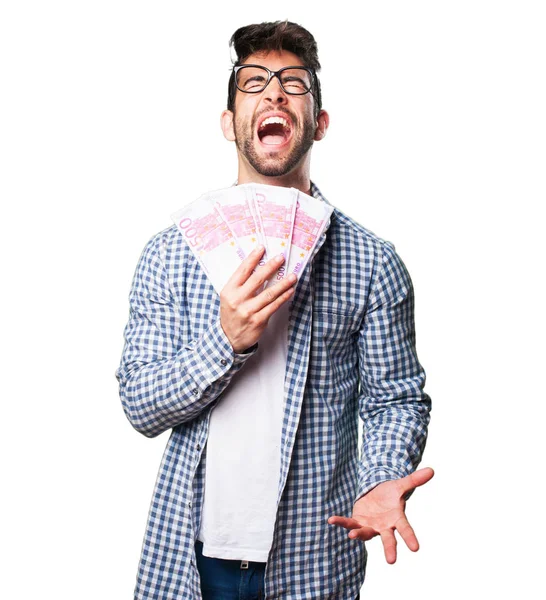 Happy Young Man Holding Bills Isolated White Background — Stock Photo, Image