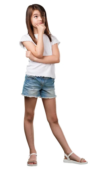 Full Body Little Girl Doubting Confused Thinking Idea Worried Something — Stock Photo, Image