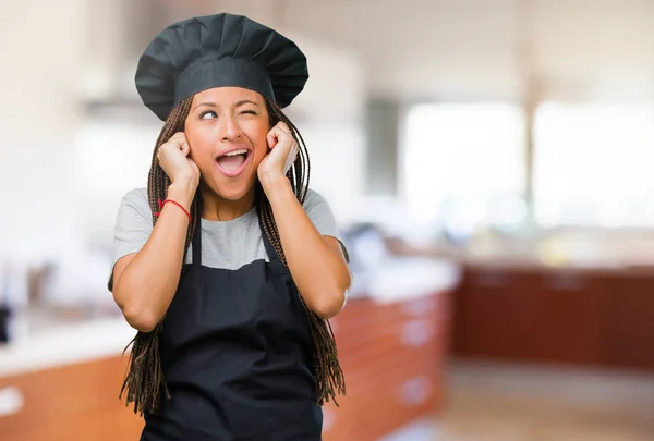 Young Black Female Baker Covering Ears Hands Angry Tired Hearing — Stock Photo, Image