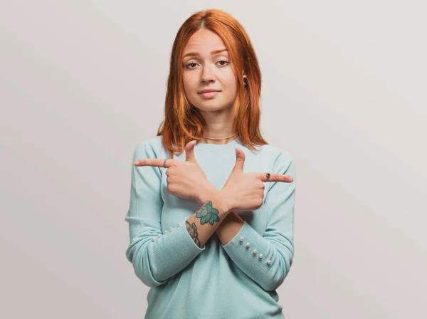 Portrait Pretty Redhead Girl Doubting Two Things — Stock Photo, Image