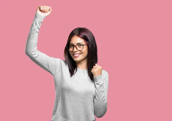 Young Pretty Woman Very Happy Excited Raising Arms Celebrating Victory — Stock Photo, Image