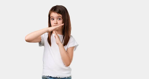 Full Body Little Girl Tired Bored Making Timeout Gesture Needs — Stock Photo, Image