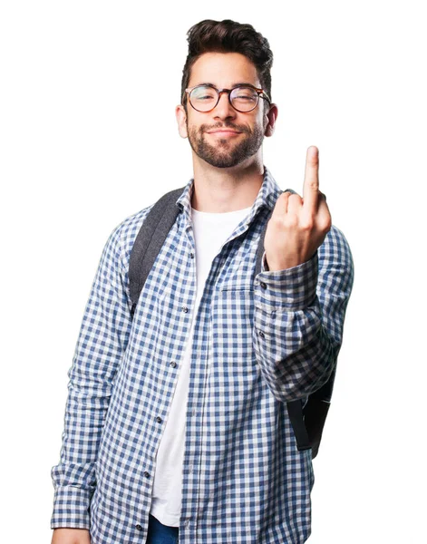 Young Man Insulting Middle Finger Isolated White Background — Stock Photo, Image