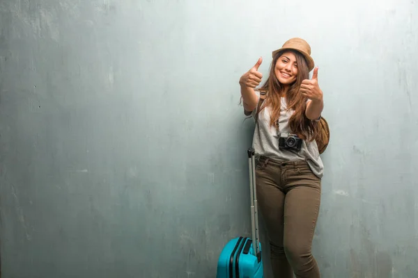 Portrait Young Traveler Latin Woman Wall Cheerful Excited Smiling Raising — Stock Photo, Image