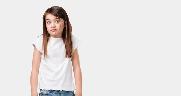Full Body Little Girl Doubting Shrugging Shoulders Concept Indecision Insecurity — Stock Photo, Image