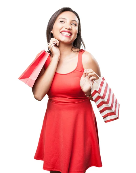 Mujer Asiática Vestido Rojo Con Bolsas Compras —  Fotos de Stock