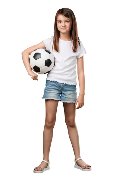 Corpo Pieno Bambina Sorridente Felice Tenendo Pallone Calcio Atteggiamento Competitivo — Foto Stock