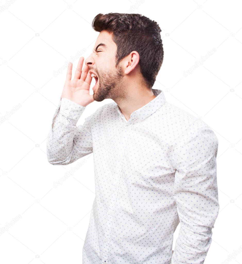 man shouting gesture isolated on white background