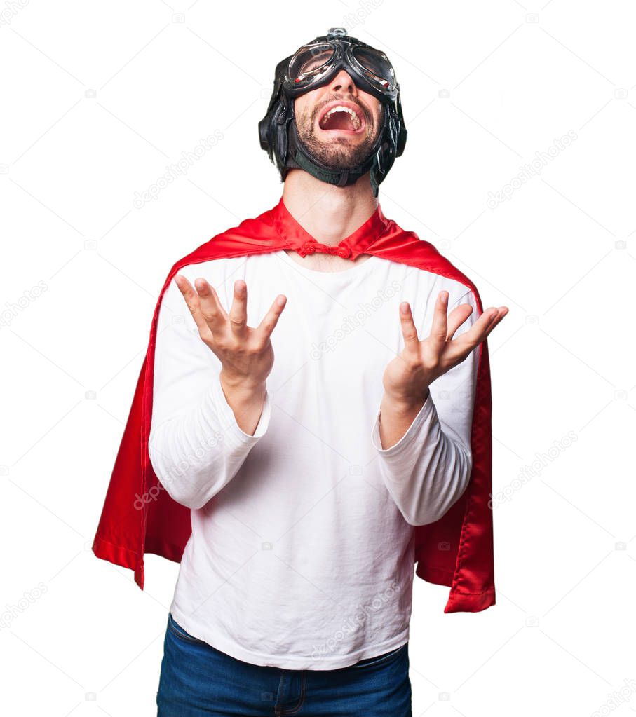 angry super hero shouting isolated on white background
