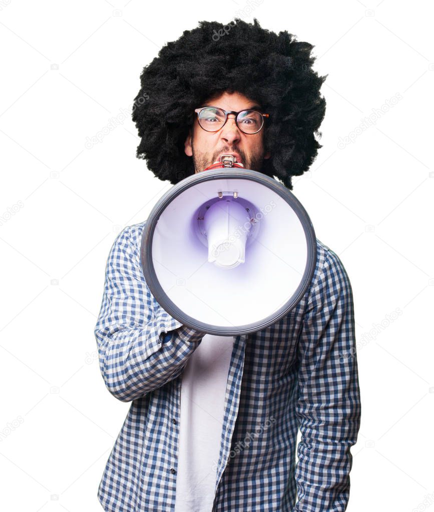 afro man shouting by megaphone isolated on white background