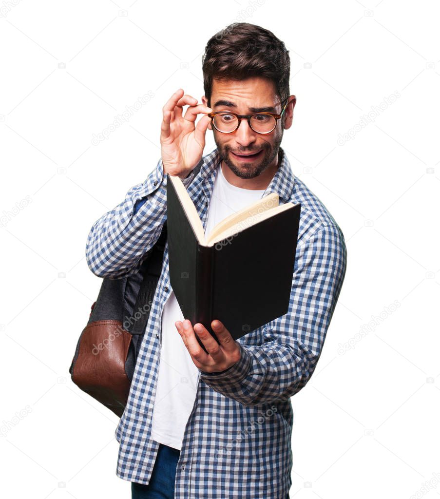 student man reading a book isolated on white background