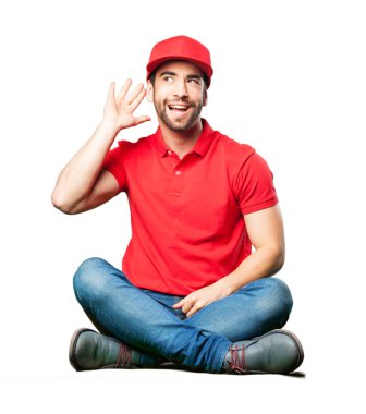 Pizza dağıtıcı oturma dinleme.