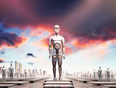 robotlar fütüristik arka plan üzerinde 3D görüntü 