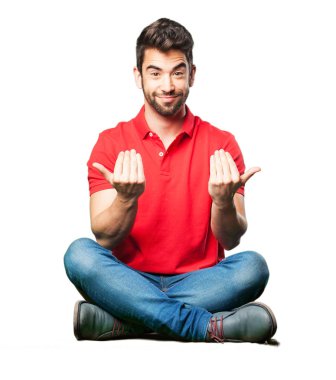 Beyaz arka plan üzerinde izole oturma davet adam