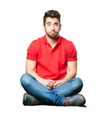 izole üzerinde beyaz arka plan oturan endişeli adam