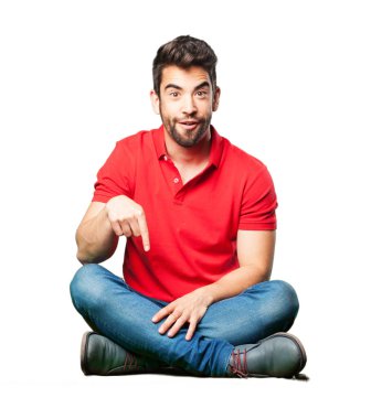 adam oturma aşağı beyaz arka plan üzerinde izole işaret