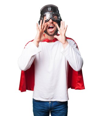 kızgın beyaz arka plan üzerinde süper kahraman bağırarak izole