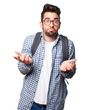 Beyaz arka plan üzerinde izole şüphe öğrenci adam