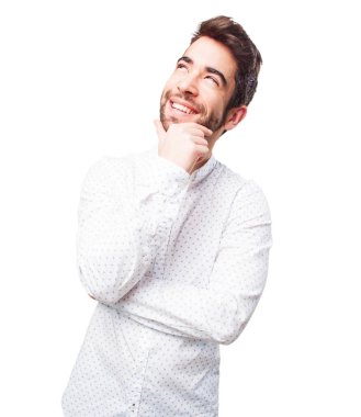 Beyaz arka plan üzerinde izole düşünme hareketi yapan erkek