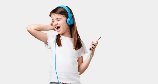 Full Body Little Girl Happy Fun Listening Music Modern Headphones — Stock Photo, Image