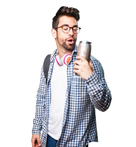 Estudante Homem Segurando Uma Cerveja Isolada Fundo Branco — Fotografia de Stock