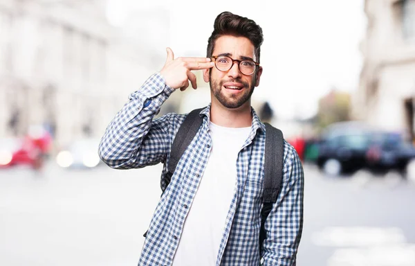 Studente Uomo Facendo Pistola Gesto — Foto Stock